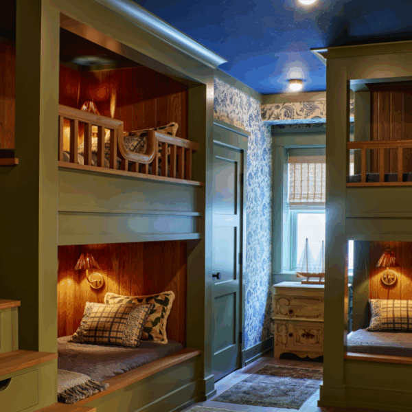 Two green summer camp style bunkbeds.