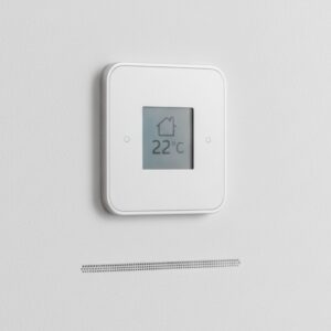 ubtle detail of minimalist smart home technology seamlessly integrated and almost hidden within a modern wall surface.