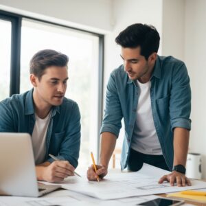 A homeowner and interior designer discussing plans over blueprints on a table