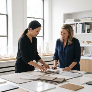 An interior designer presenting material samples to a client in a bright studio