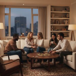 A diverse group of friends enjoying a timeless, well-designed living space